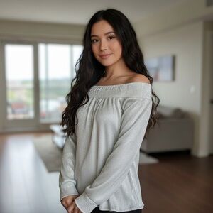 Anthropologie Lulumari shimmer silver elastic on off shoulder pleat blouse sz LG